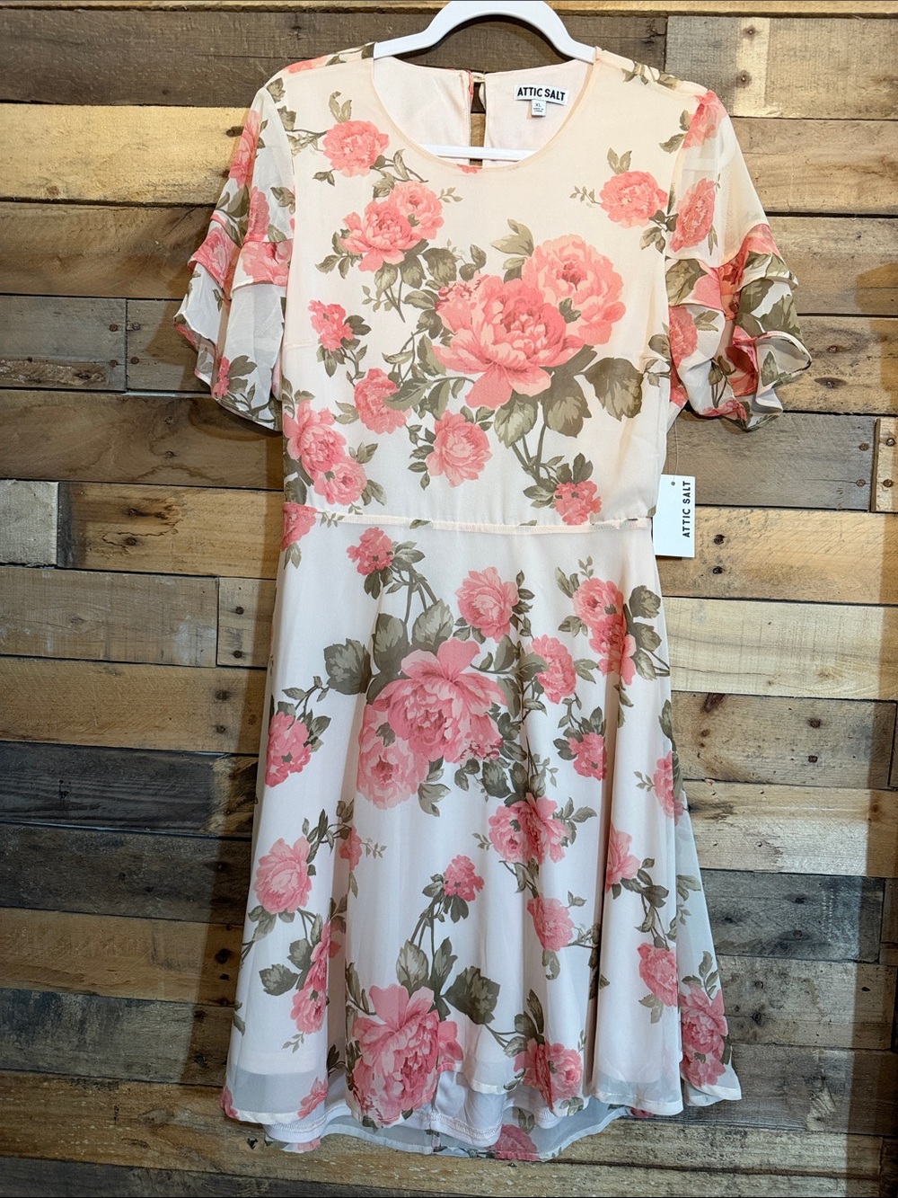 Attic Salt Floral Ruffle Sleeve Cream Dress with Pink Roses
